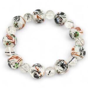 Vintage Hand Painted Porcelain Rutilated Quartz Bead Bracelet 14 mm Crabs Motif
